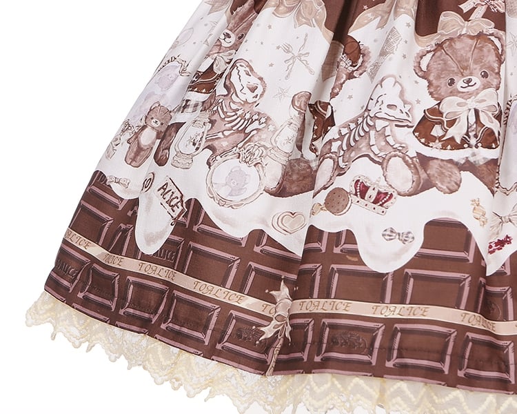 Coffee Teddy Bear Sweet Lolita JSK - Chocolate Print with Lace & Big Bow | CoyBunny