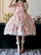 Pink Deer & Floral Print Flutter Sleeves Sweet Lolita JSK Dress with Overlay - Honey Machine | CoyBunny