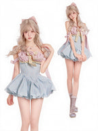 Blue and Pink Floral Strapless Dress with Bow - serendipity | CoyBunny