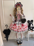 Black Bell Sleeves Sweet Lolita OP Dress with Strawberry Desserts Print - Miss Han | CoyBunny