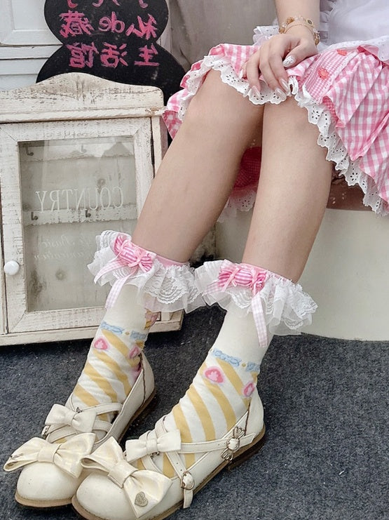 Pink&Yellow Sweet Lolita Bowknot Striped Pattern Calf Socks | CoyBunny