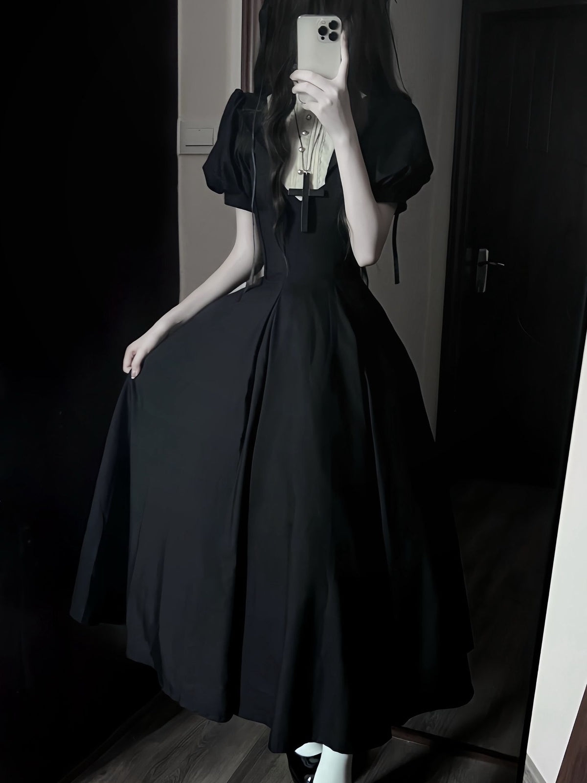 Gothic Nun Lolita Vintage Court Dress with Necklace