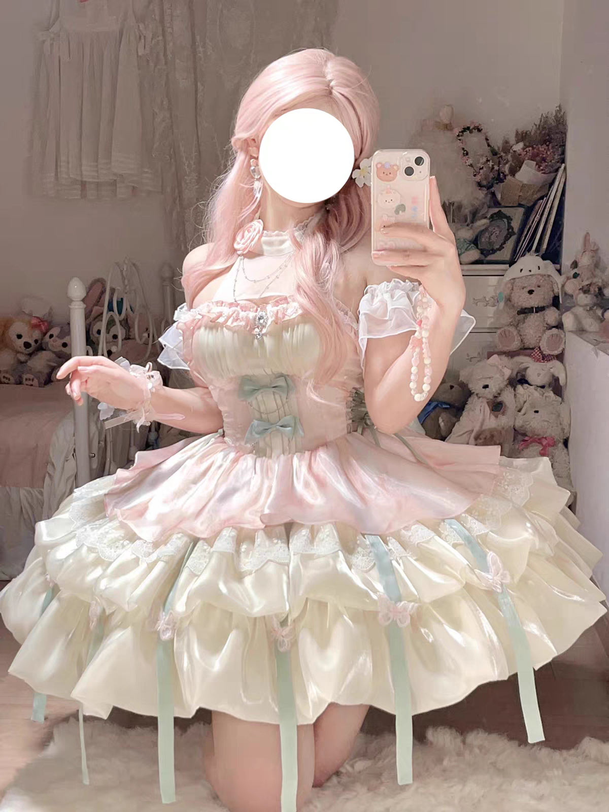 Apricot Green Lolita Halter Neck Princess Dress with Train & Petticoat