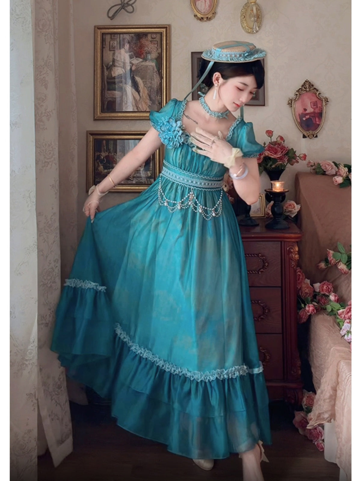 Empire Lolita Long JSK Set with Choker, Flower & Hat