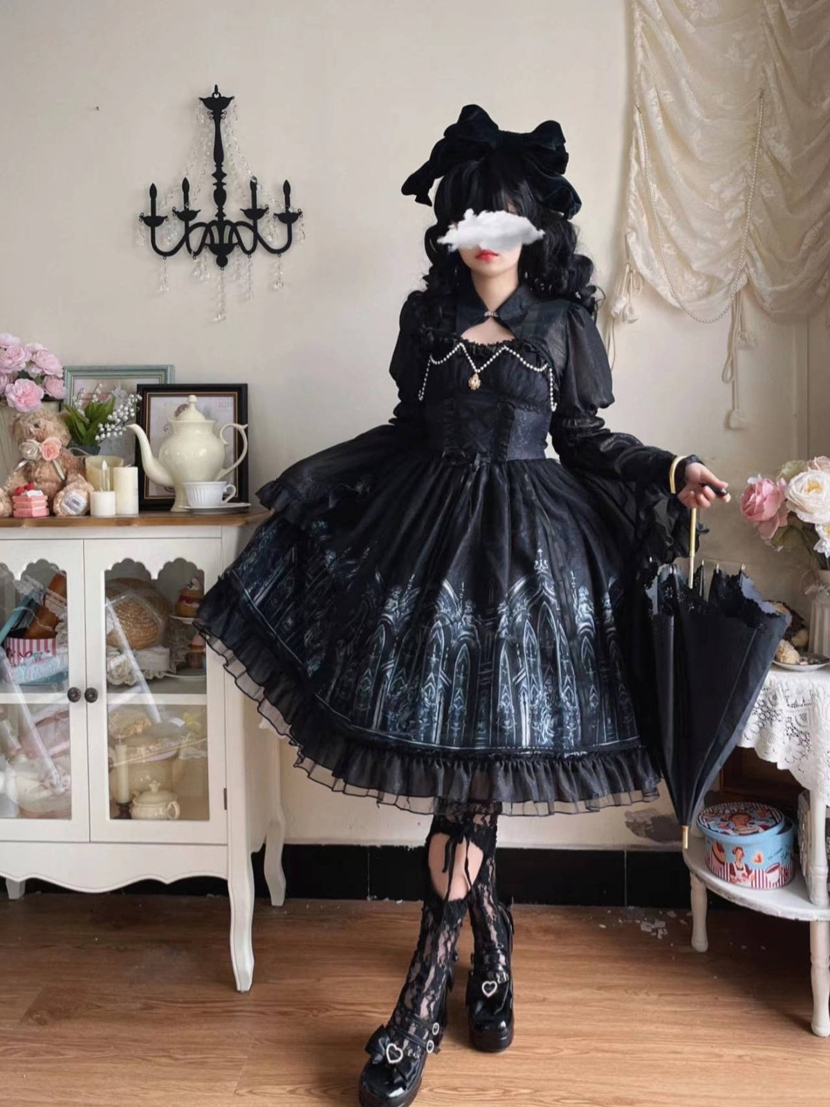 Black Gothic Lolita JSK Dress & Matching Shoulder Cape Set