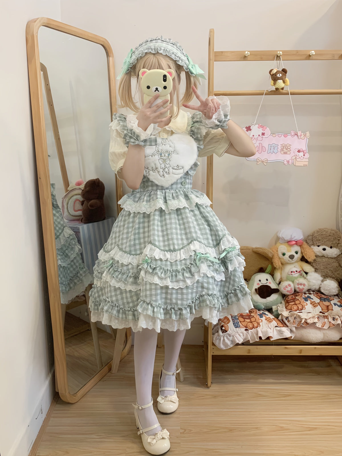Mint Green Gingham Sweet Lolita JSK Dress & Accessory Set