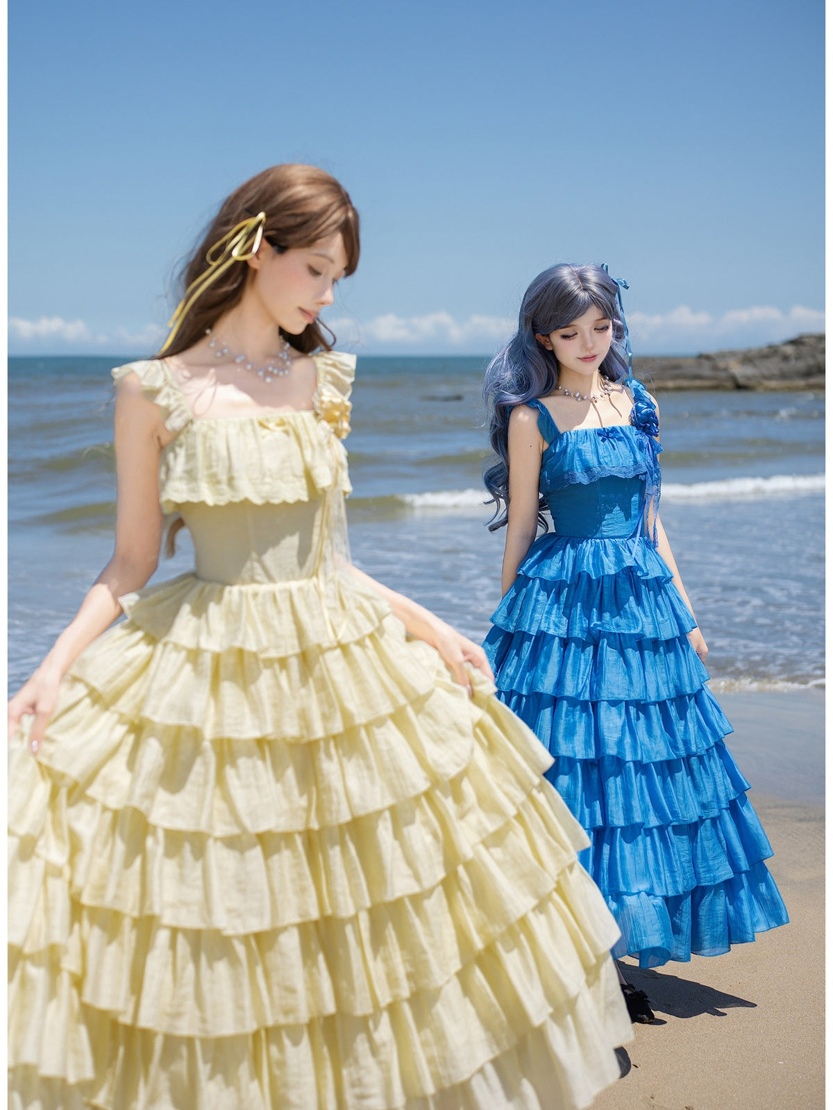Yellow Square Neck Lolita Dress Set with Seven-Tier Ruffles