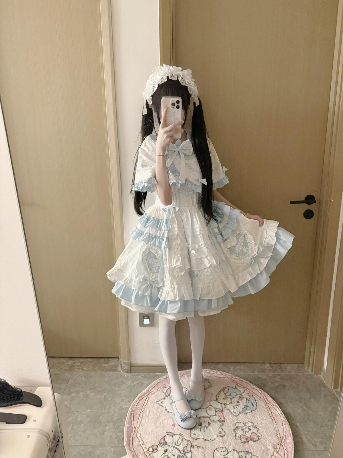 Blue & White Sweet Lolita Dress Set with Cape & Hair Clip Full Set