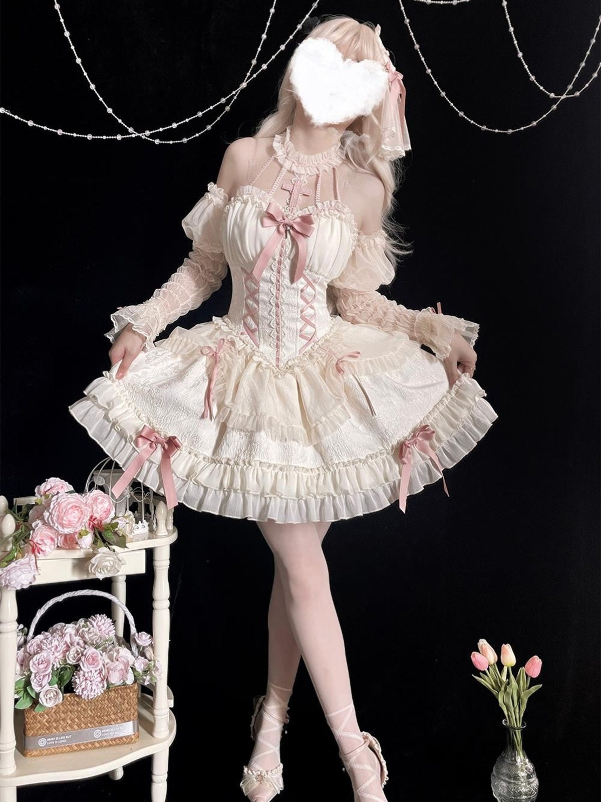 Off-White Pink Gothic Lolita Halter JSK Dress with Sleeves & Hair Clip