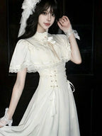 Elegant Off White Vintage Lace Lolita Dress Short Sleeve Midi JSK Set