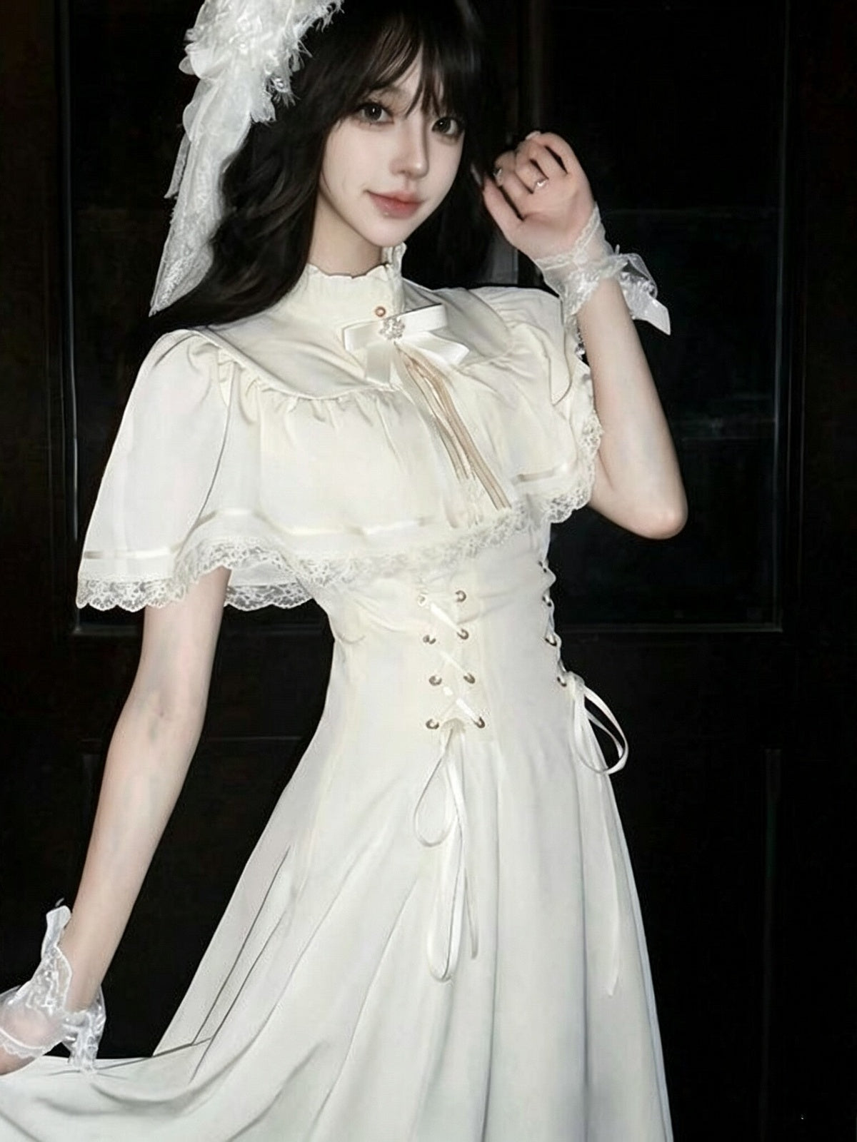 Elegant Off White Vintage Lace Lolita Dress Short Sleeve Midi JSK Set