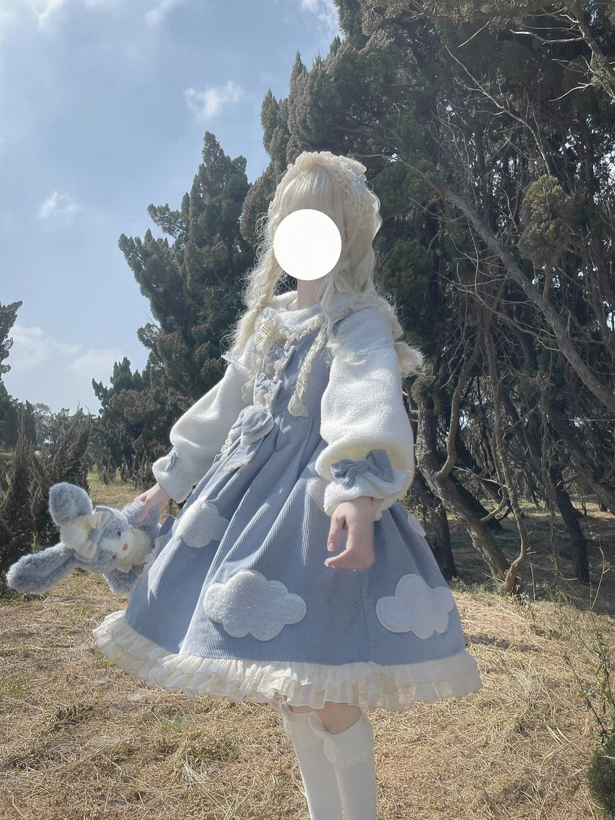 Sky Blue Sweet Lolita Long Sleeve OP Dress with Headband & Petticoat