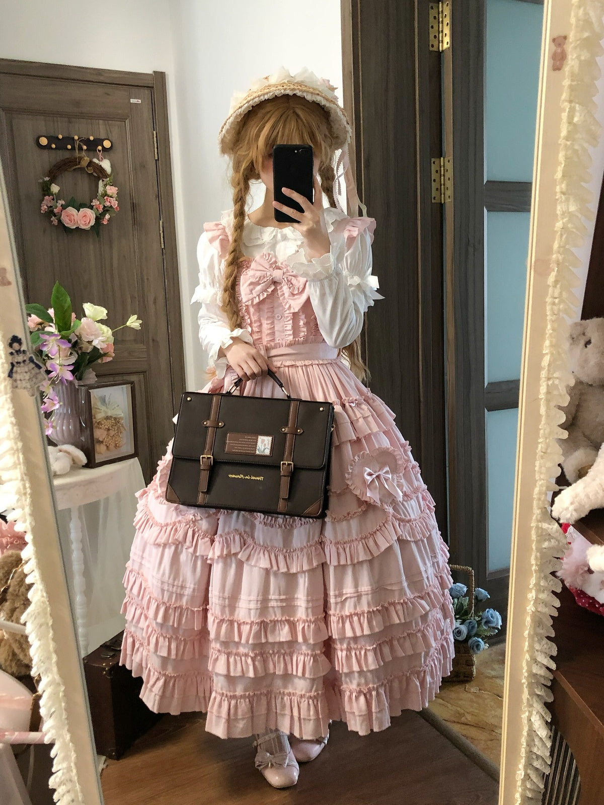 Pink Classical Lolita JSK Dress with Headband | Winter Gown