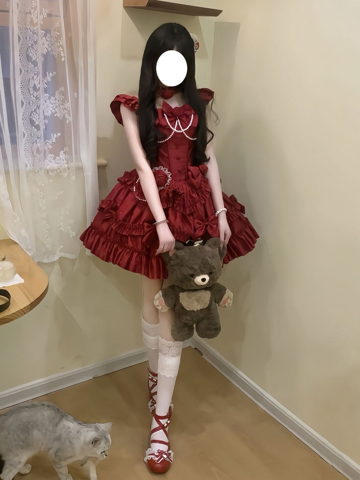 Sweet Wine Red Rose Lolita JSK Princess Dress with Choker & Train