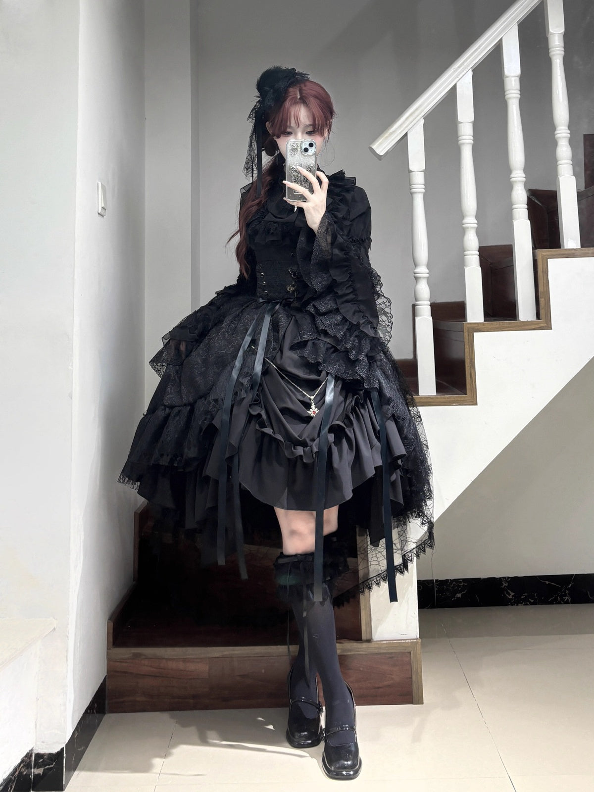 Gothic Black Cross Lolita Dress Set with Blouse, Corset & Petticoat