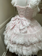 Pink Light Wedding Lolita JSK Dress with Hat & Necklace