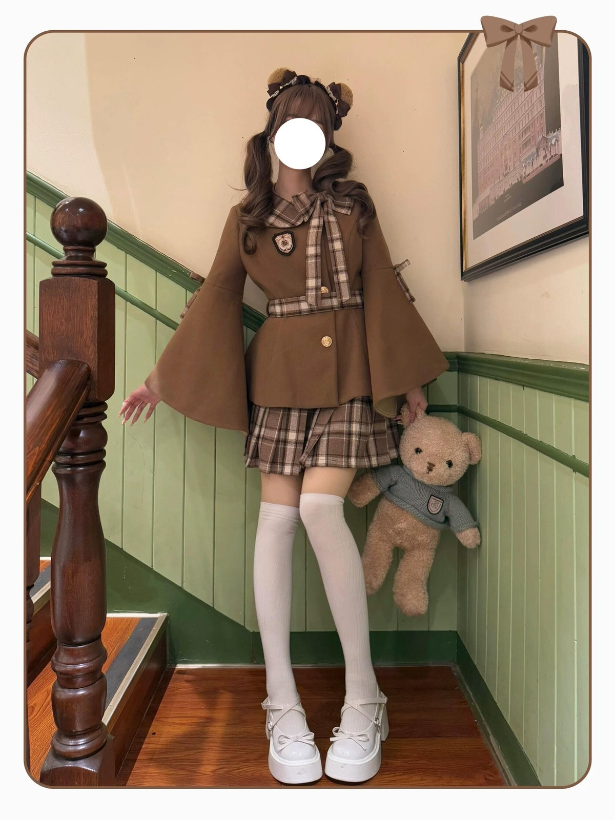 Brown Preppy Lolita Dress Set with Doll Collar Coat & Plaid Skirt