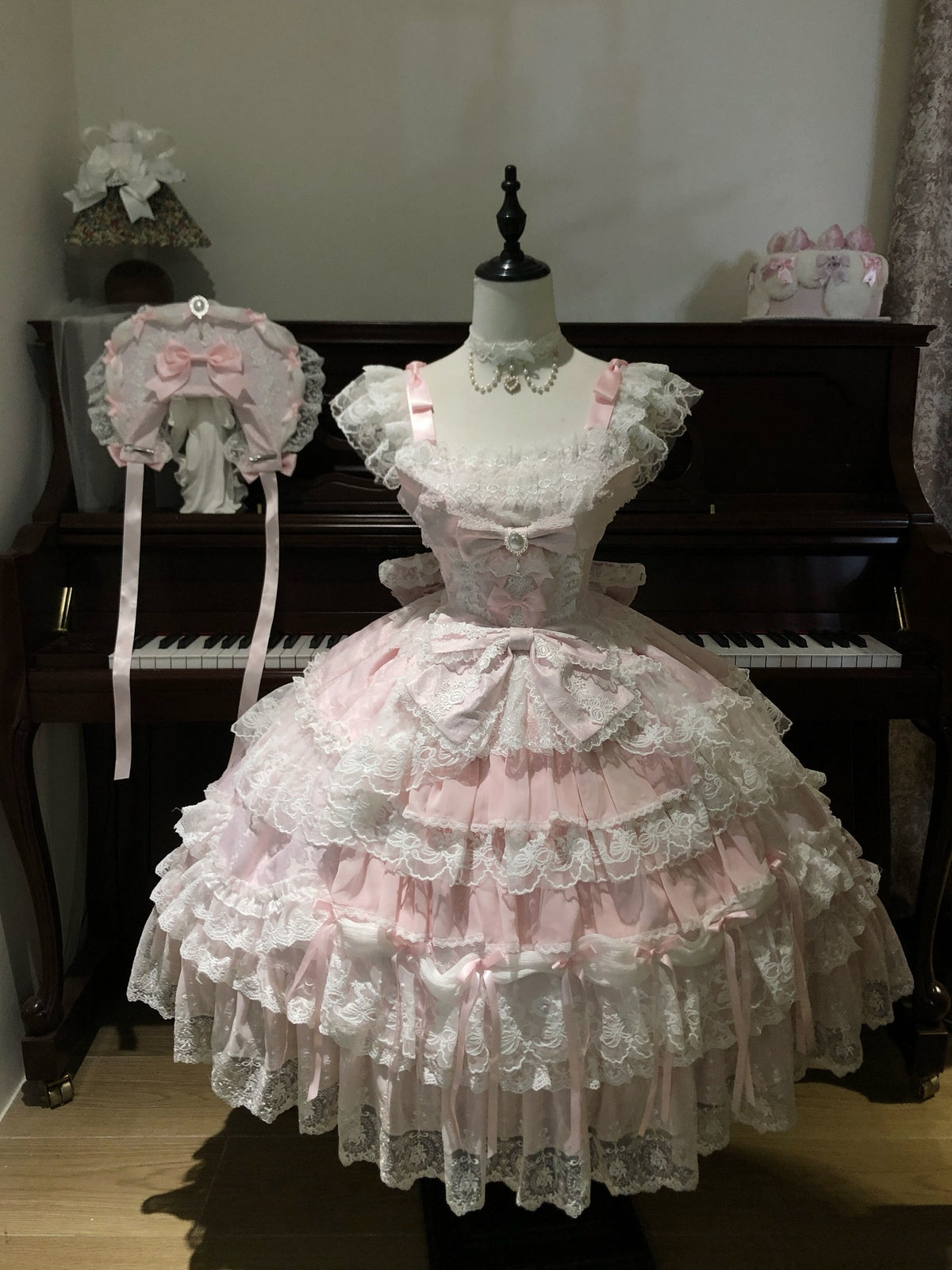 Pink Light Wedding Lolita JSK Dress with BNT Hat & Back Bow