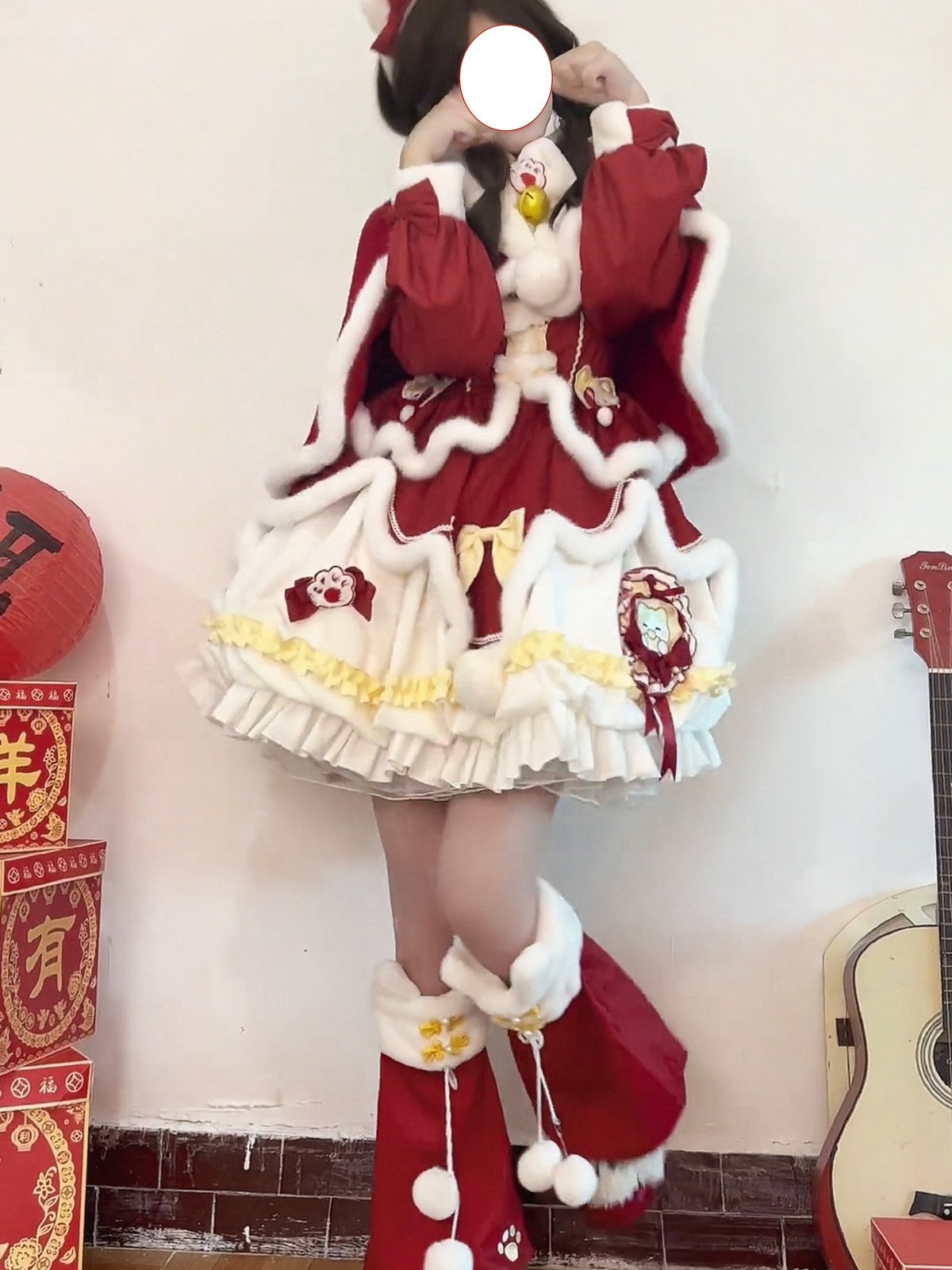 Red New Year & Christmas Lolita Dress Full Set with Cloak & Train
