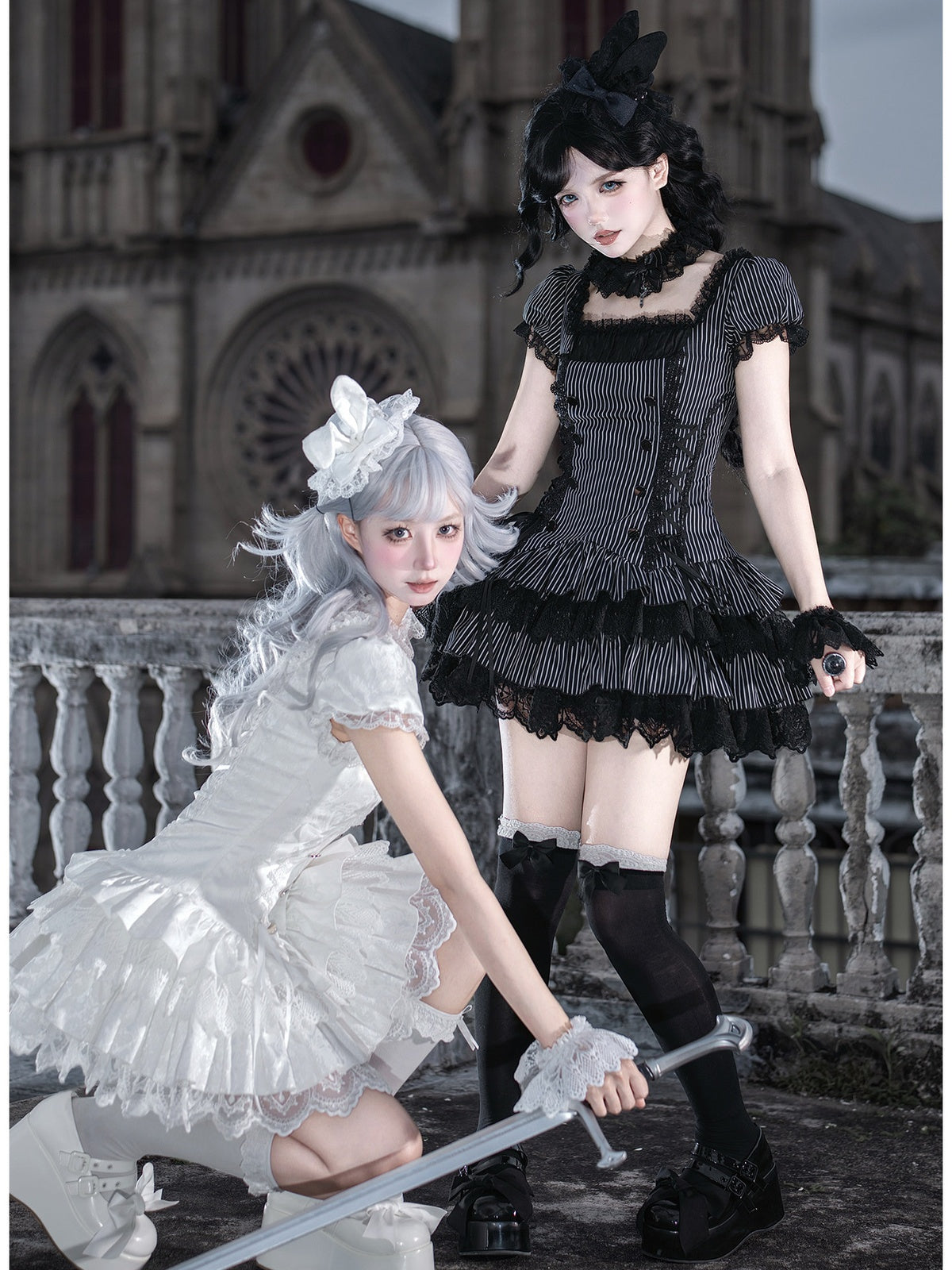 Striped Sweet Lolita Puff Skirt OP Set with Top Hat & Sleeves