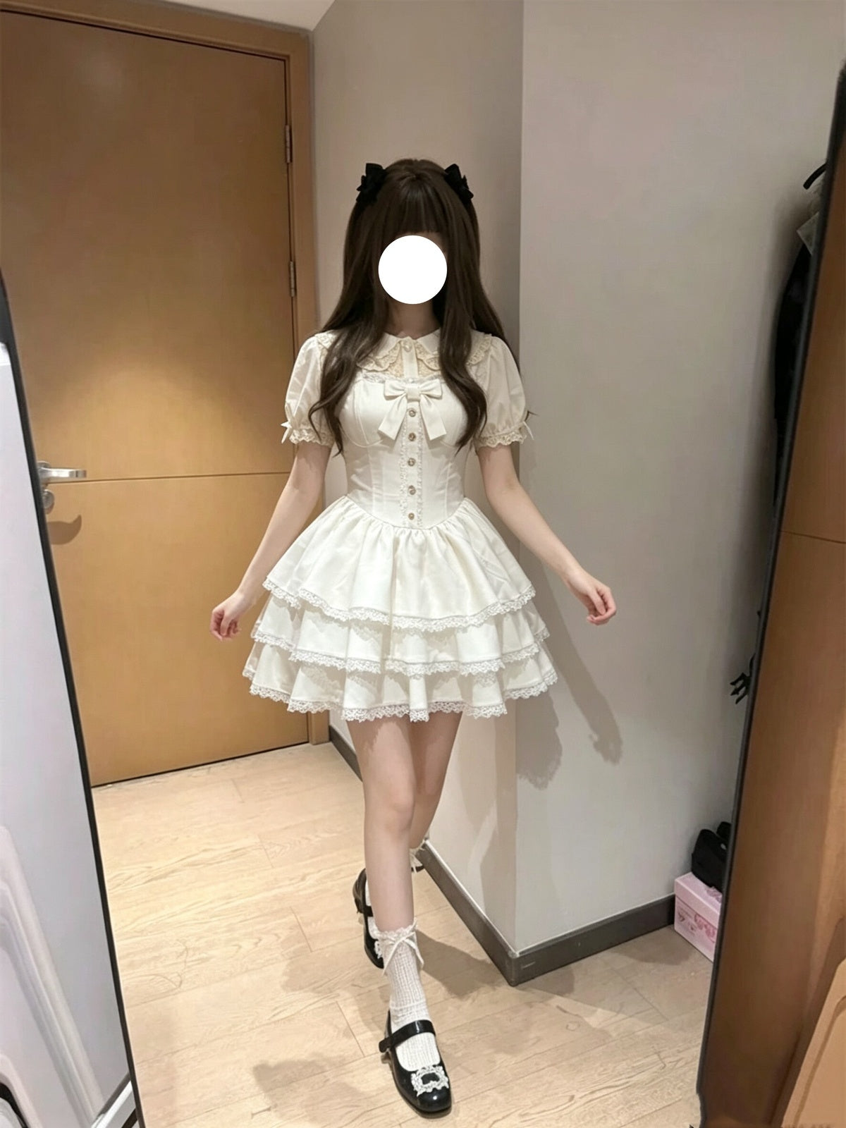 Cute Apricot Sweet Lolita Dress Short Sleeve Tiered JSK Petticoat Set