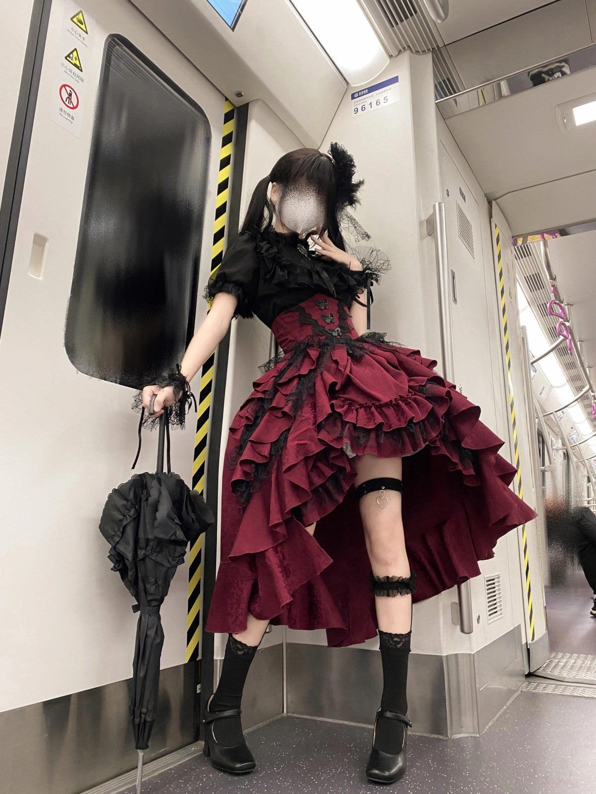 Black and Red Gothic Lolita Dress Set for Halloween Cosplay