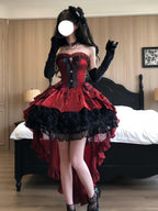 Gothic Wine Red High-Low Lolita Dress Set with Detachable Train