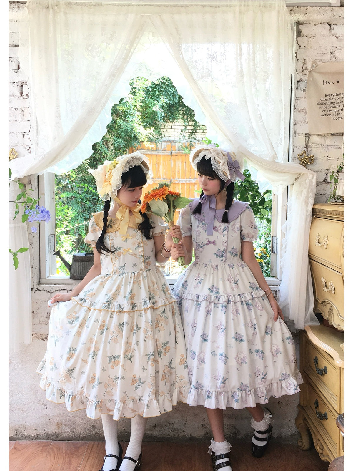 Yellow Country Lolita Floral Print OP with Matching Flat Hat