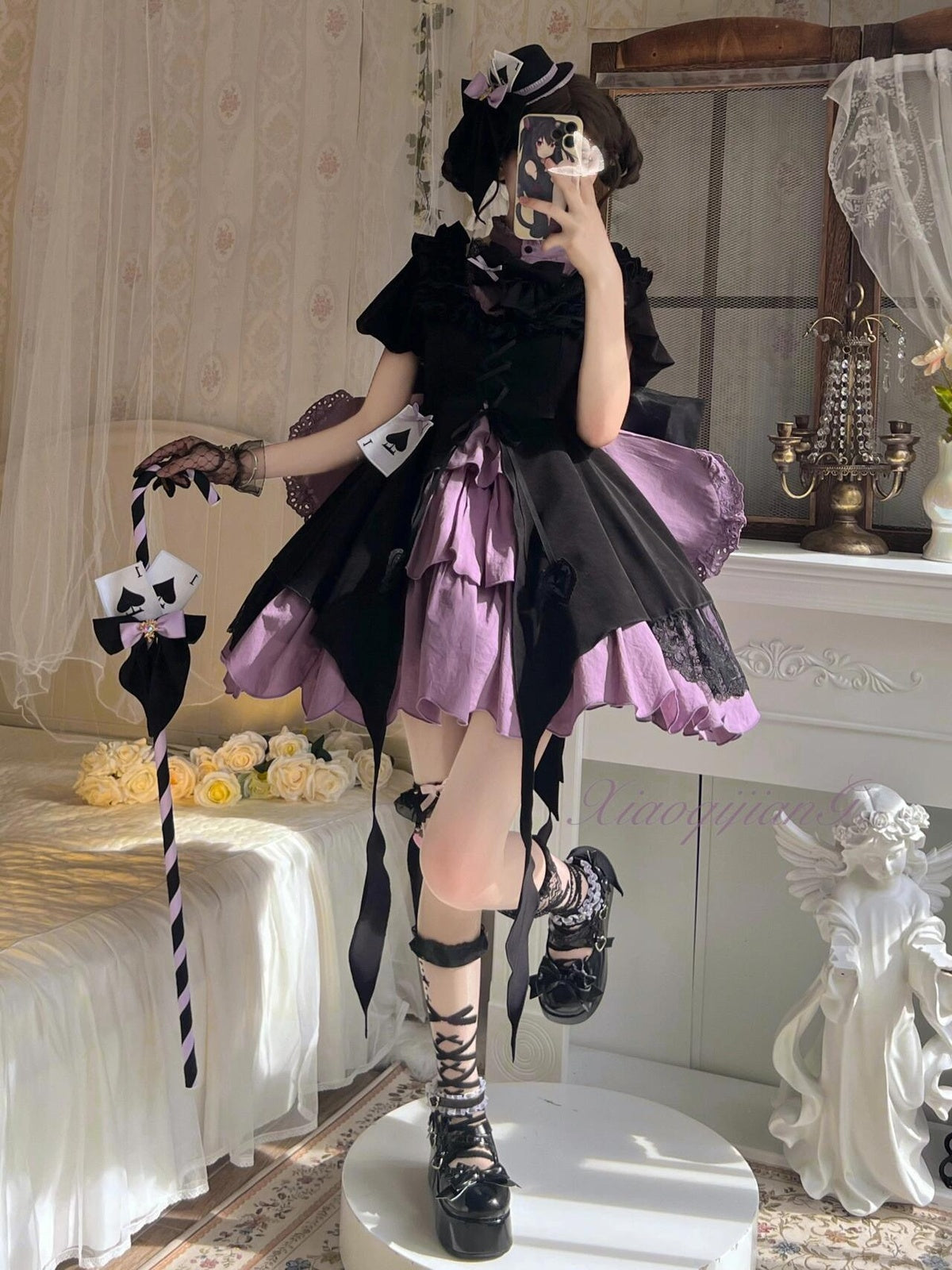 Black and Purple Gothic Lolita Dress Set for Halloween Cosplay