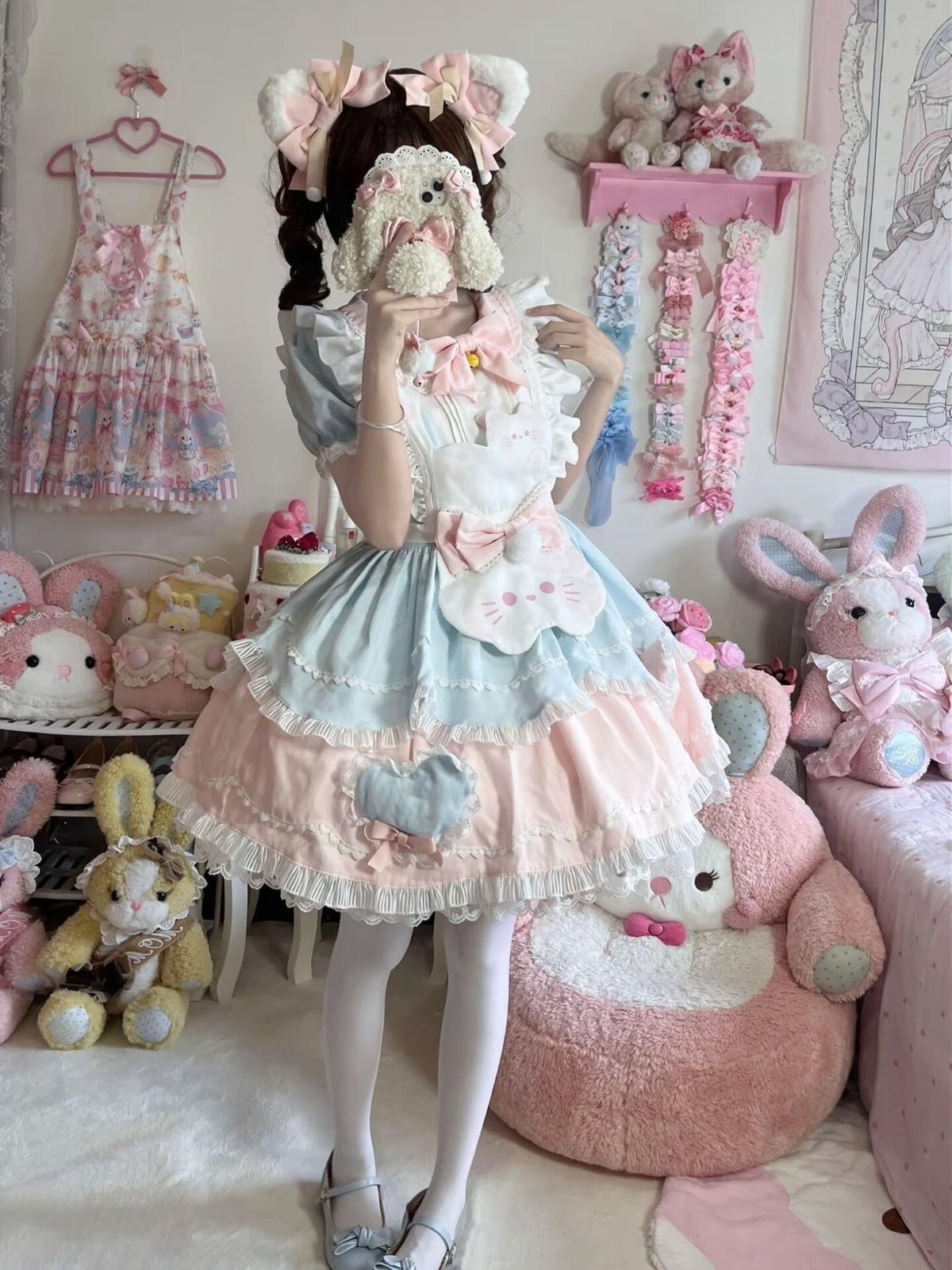 Sweet Cat Lolita OP Dress Short Sleeve Set with Apron & Headband