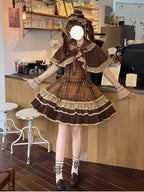 Brown Plaid Lolita Dress Set with Vintage Cape & Long Sleeve Blouse