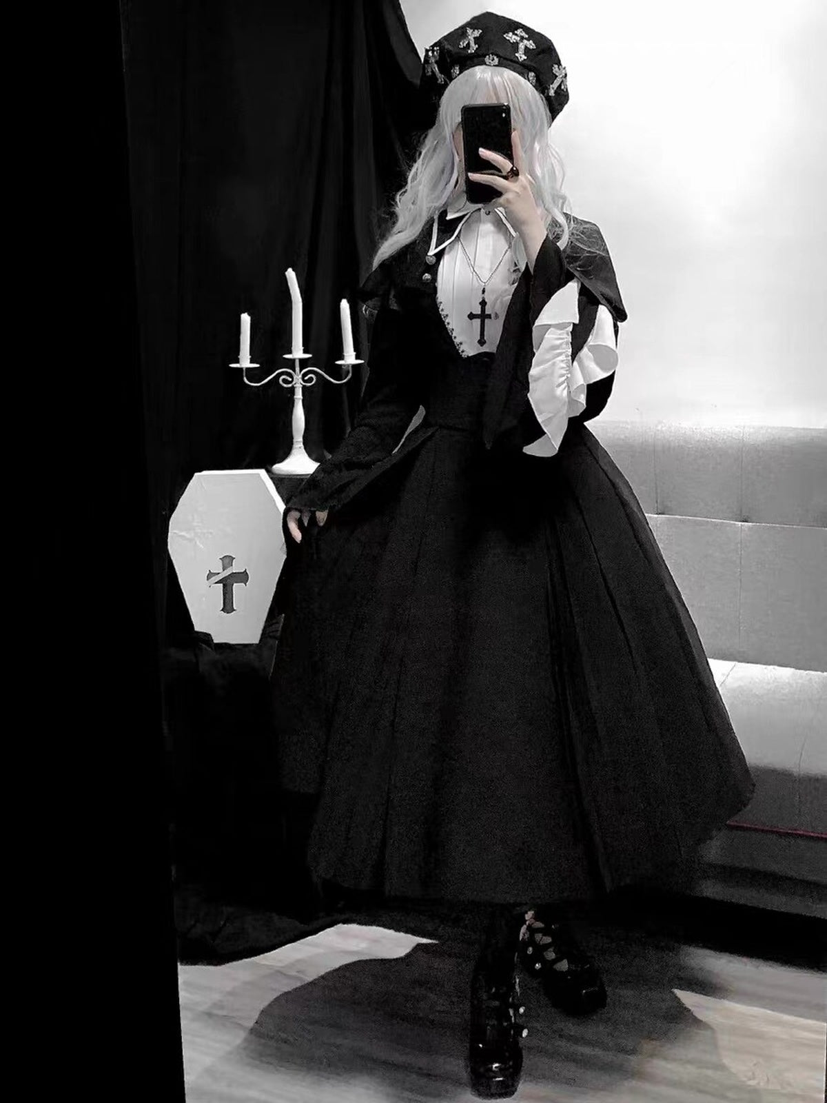 Black Gothic Nun Lolita OP Set with Cape & Necklace