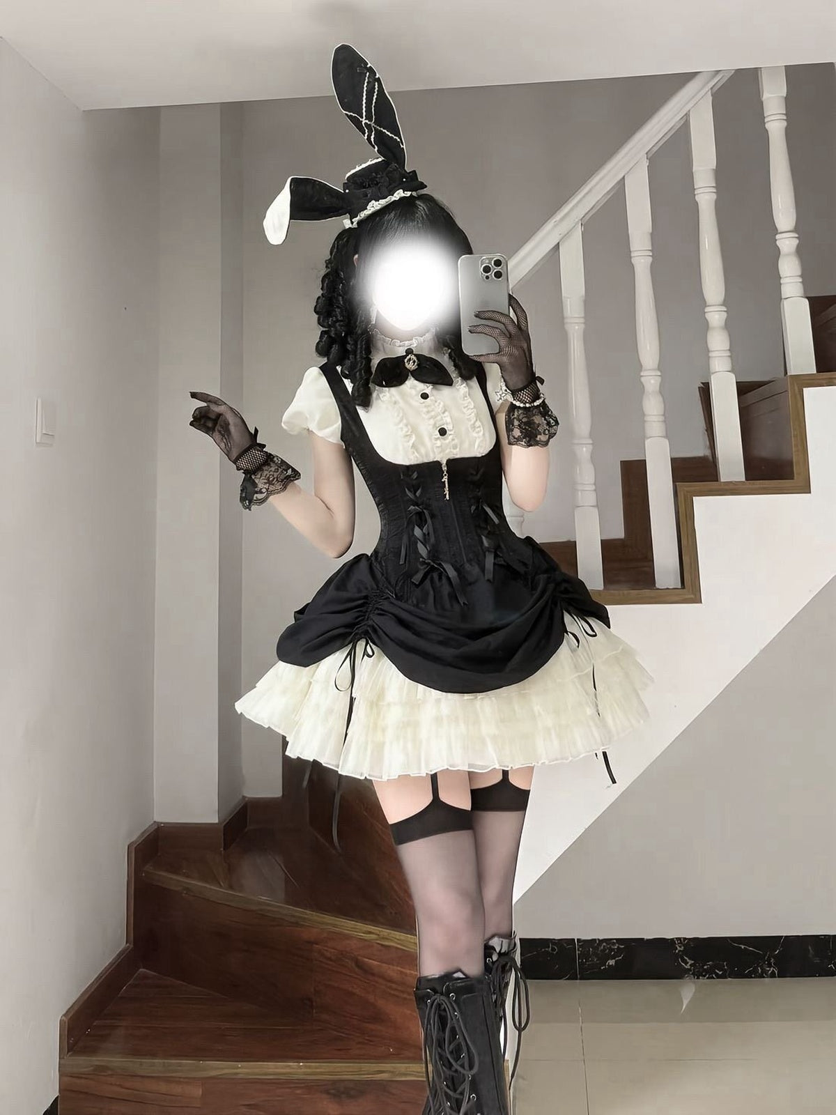 Gothic Black Rabbit Lolita JSK Dress & Blouse Set with Bowknot