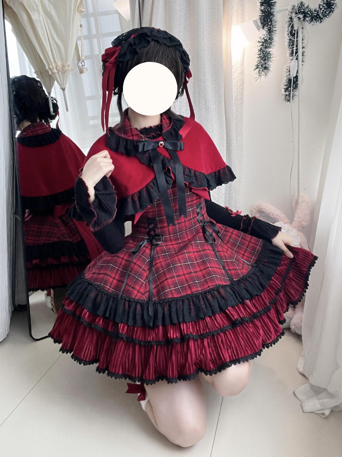 Red Plaid Lolita Dress Set with Bowknot Cape & Blouse Full Set