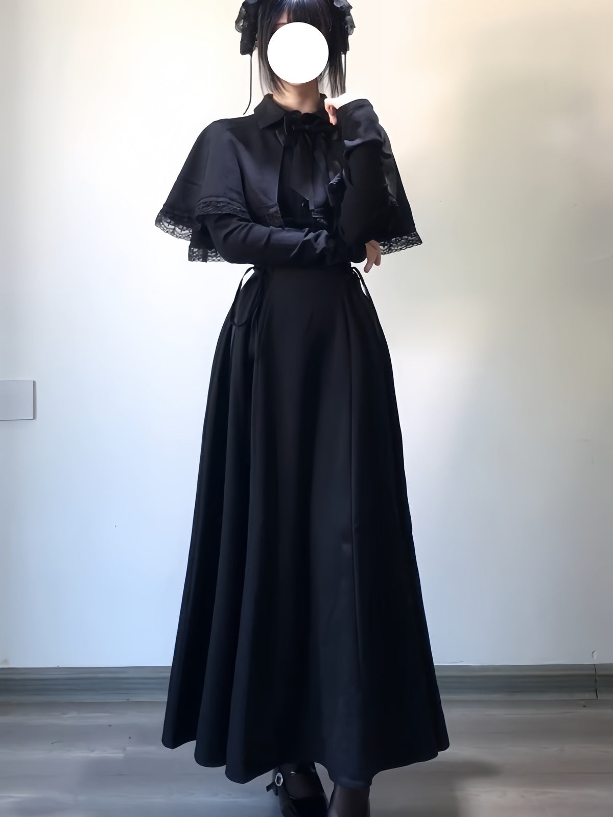 Gothic Black Long Lolita Dress Set with Bowknot Cape & Knit Sleeves