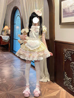 Sweet Pink Yellow Rabbit Maid Lolita OP Dress Set with Apron & Hat