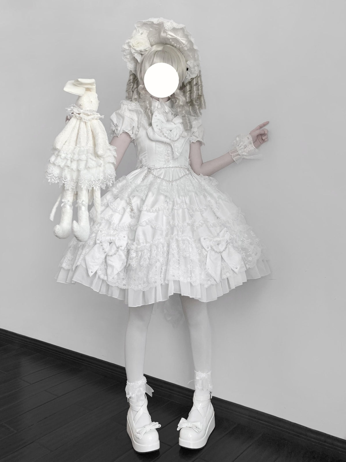 Vintage Old-School White Lolita JSK Dress Full Set with Petticoat