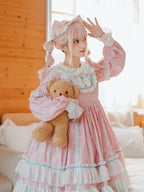 Pink Polka Dot Sweet Lolita OP Long Sleeve Dress & Headpiece