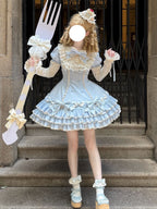 Blue Stripe Sweet Lolita OP Dress Full Set with Hat & Detachable Sleeves