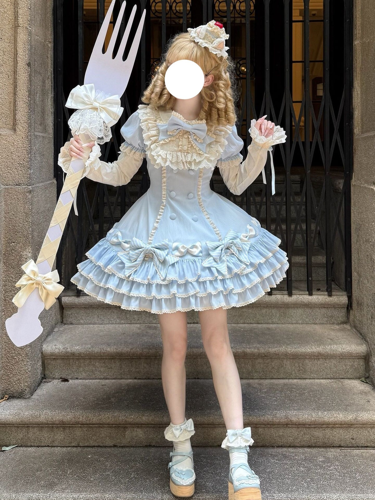 Blue Stripe Sweet Lolita OP Dress Full Set with Hat & Detachable Sleeves