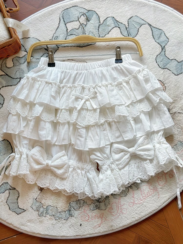 Sweet Lolita White Cotton Bloomers with Tiered Ruffles & Bow | CoyBunny