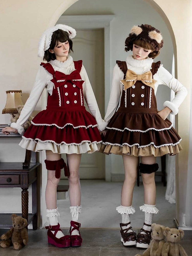 Sweet Lolita Overall Dress in Coffee with Dropped Waist Bow and Tiered Hem - With PUJI | CoyBunny