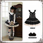 Sweet Winter Lolita Tiered Overall Dress in Black with Kitty Ear Hairband - With PUJI | CoyBunny