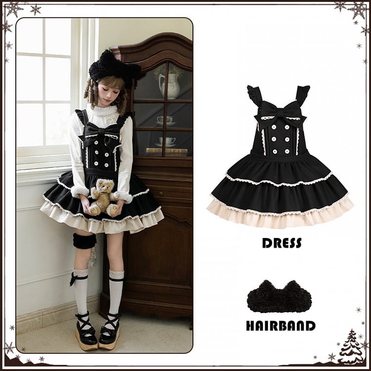 Sweet Winter Lolita Tiered Overall Dress in Black with Kitty Ear Hairband - With PUJI | CoyBunny