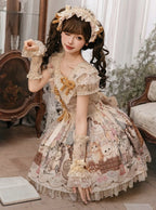 Beige Cat Print Square Neckline Sweet Lolita JSK Dress with Plush Cat Patch - NyaNya | CoyBunny