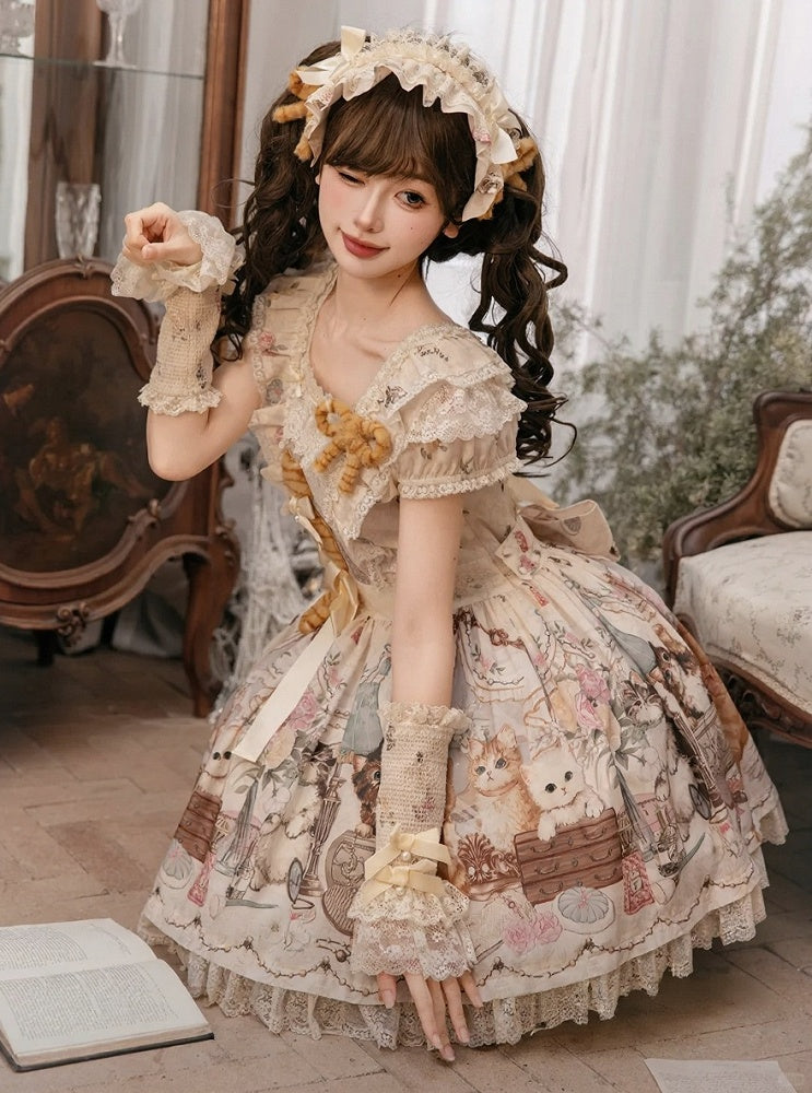 Beige/Green Lace Trimmed Sweet Lolita Wrist Cuffs with Bows and Beads - NyaNya | CoyBunny