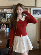 Red Knit Peter Pan Collar Cardigan with Lace - Qchiwawameme | CoyBunny