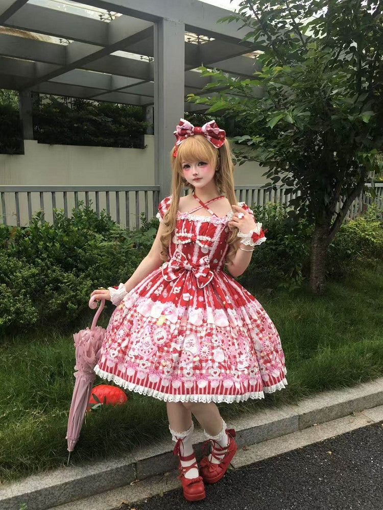 Cat Print Crimson Sweet Lolita OP Dress with Removable Crisscross Halter Straps - Pastry Chef | CoyBunny