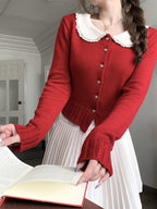 Red Knit Peter Pan Collar Cardigan with Lace - Qchiwawameme | CoyBunny