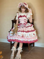 Pink Cherry Cake Print Sweet Lolita Dress with Layered Ruffles - Strawberry Fantasy | CoyBunny
